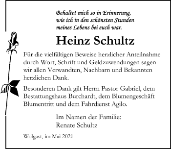 Traueranzeige von Heinz Schultz von Ostsee-Zeitung GmbH