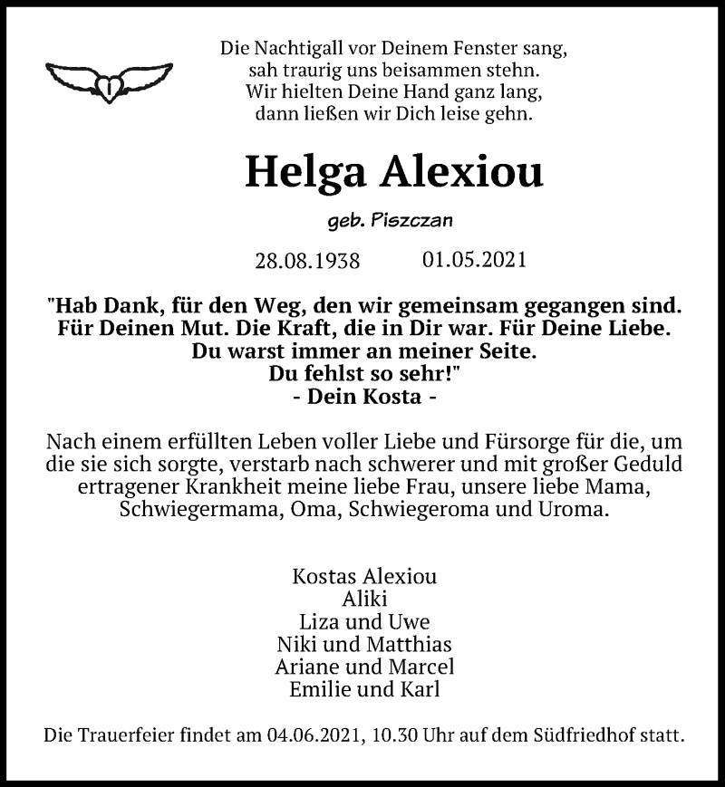 Traueranzeige für Helga Alexiou vom 15.05.2021 aus Leipziger Volkszeitung