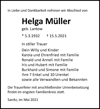 Traueranzeige von Helga Müller von Ostsee-Zeitung GmbH