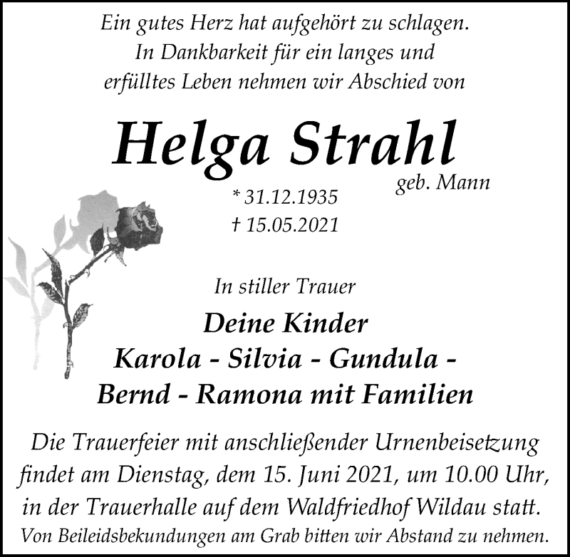  Traueranzeige für Helga Strahl vom 29.05.2021 aus Märkischen Allgemeine Zeitung