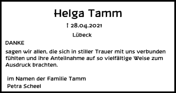 Traueranzeige von Helga Tamm von Lübecker Nachrichten