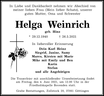 Traueranzeige von Helga Weinrich von Göttinger Tageblatt