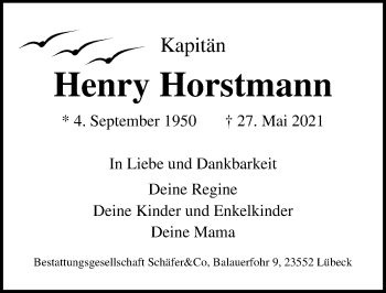 Traueranzeige von Henry Horstmann von Lübecker Nachrichten