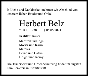 Traueranzeige von Herbert Belz von Ostsee-Zeitung GmbH