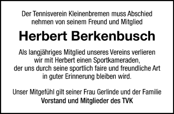 Traueranzeige von Herbert Berkenbusch von Schaumburger Nachrichten