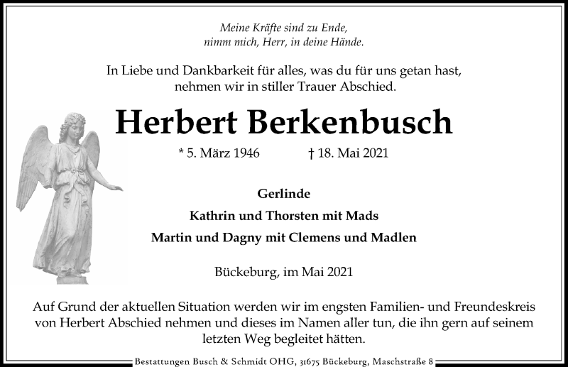  Traueranzeige für Herbert Berkenbusch vom 22.05.2021 aus Schaumburger Nachrichten