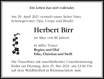 Traueranzeige von Herbert Birr von Märkischen Allgemeine Zeitung