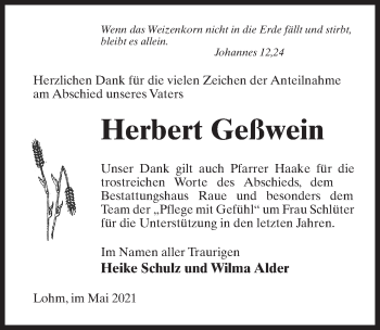 Traueranzeige von Herbert Geßwein von Märkischen Allgemeine Zeitung