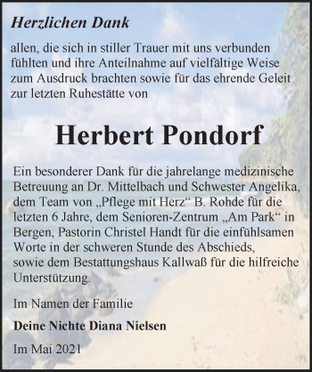 Traueranzeige von Herbert Pondorf von Ostsee-Zeitung GmbH