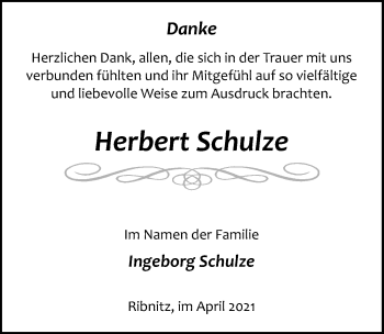 Traueranzeige von Herbert Schulze von Ostsee-Zeitung GmbH