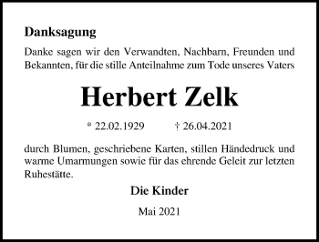 Traueranzeige von Herbert Zelk von Ostsee-Zeitung GmbH