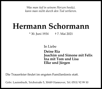 Traueranzeige von Hermann Schormann von Hannoversche Allgemeine Zeitung/Neue Presse