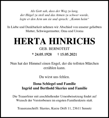 Traueranzeige von Herta Hinrichs von Lübecker Nachrichten