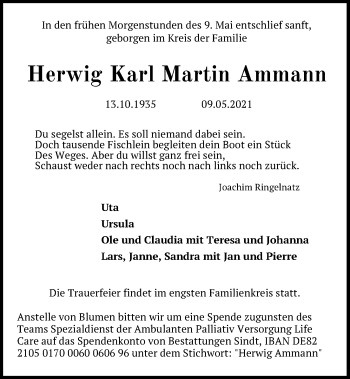 Traueranzeige von Herwig Karl Martin Ammann von Kieler Nachrichten