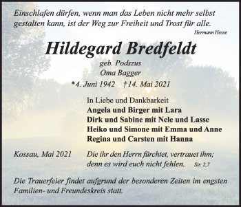 Traueranzeige von Hildegard Bredfeldt von Kieler Nachrichten