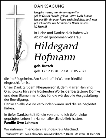 Traueranzeige von Hildegard Hofmann von Leipziger Volkszeitung