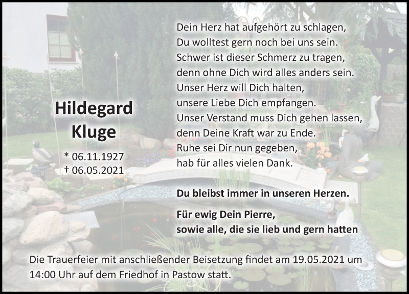  Traueranzeige für Hildegard Kluge vom 15.05.2021 aus Ostsee-Zeitung GmbH