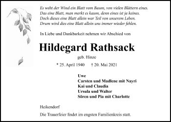 Traueranzeige von Hildegard Rathsack von Kieler Nachrichten