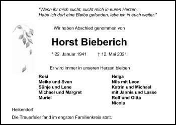 Traueranzeige von Horst Bieberich von Kieler Nachrichten