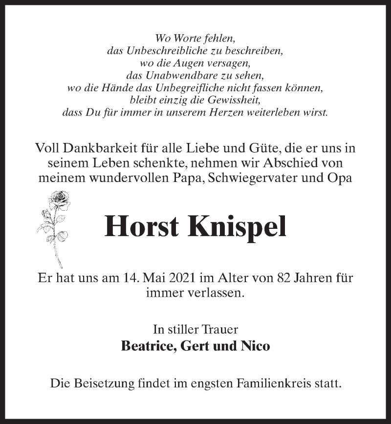  Traueranzeige für Horst Knispel vom 15.05.2021 aus Märkischen Allgemeine Zeitung