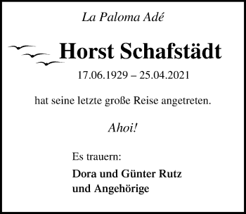 Traueranzeige von Horst Schafstädt von Ostsee-Zeitung GmbH