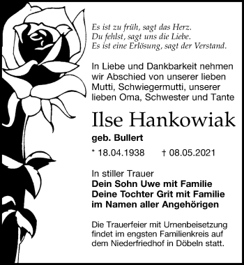 Traueranzeige von Ilse Hankowiak von Leipziger Volkszeitung