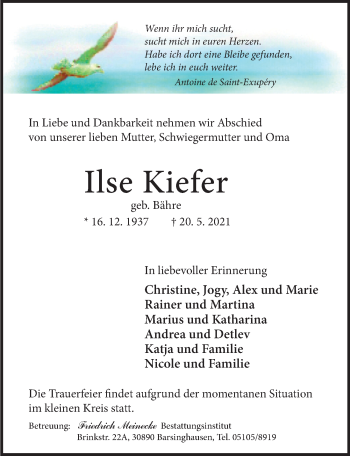 Traueranzeige von Ilse Kiefer von Hannoversche Allgemeine Zeitung/Neue Presse