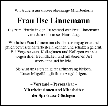 Traueranzeige von Ilse Linnemann von Göttinger Tageblatt