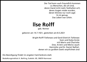 Traueranzeige von Ilse Rolff von Hannoversche Allgemeine Zeitung/Neue Presse