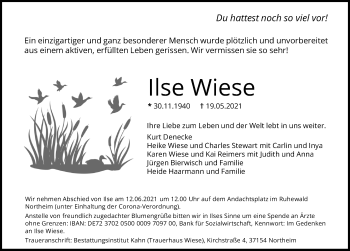 Traueranzeige von Ilse Wiese von Göttinger Tageblatt