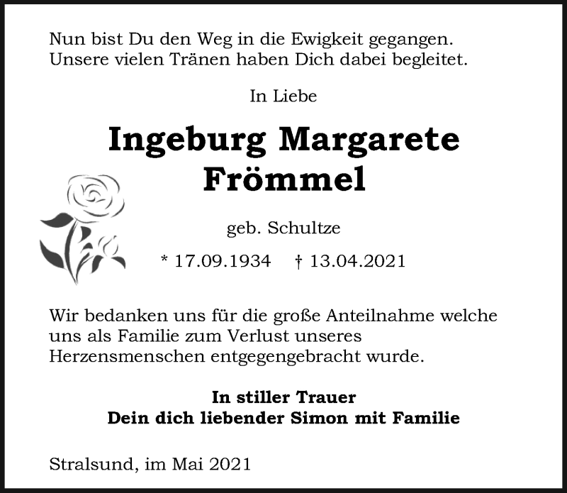  Traueranzeige für Ingeburg Margarete Frömmel vom 15.05.2021 aus Ostsee-Zeitung GmbH