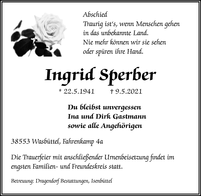  Traueranzeige für Ingrid Sperber vom 15.05.2021 aus Aller Zeitung