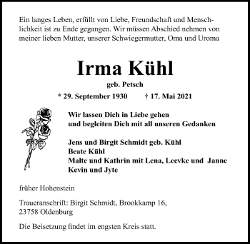 Traueranzeige von Irma Kühl von Lübecker Nachrichten
