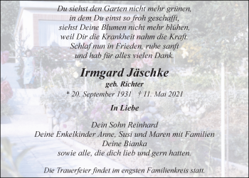 Traueranzeige von Irmgard Jäschke von Ostsee-Zeitung GmbH