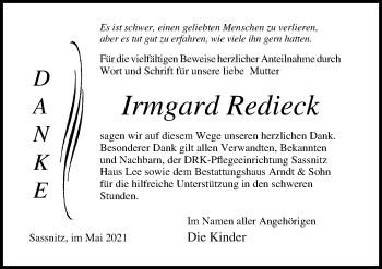 Traueranzeige von Irmgard Redieck von Ostsee-Zeitung GmbH