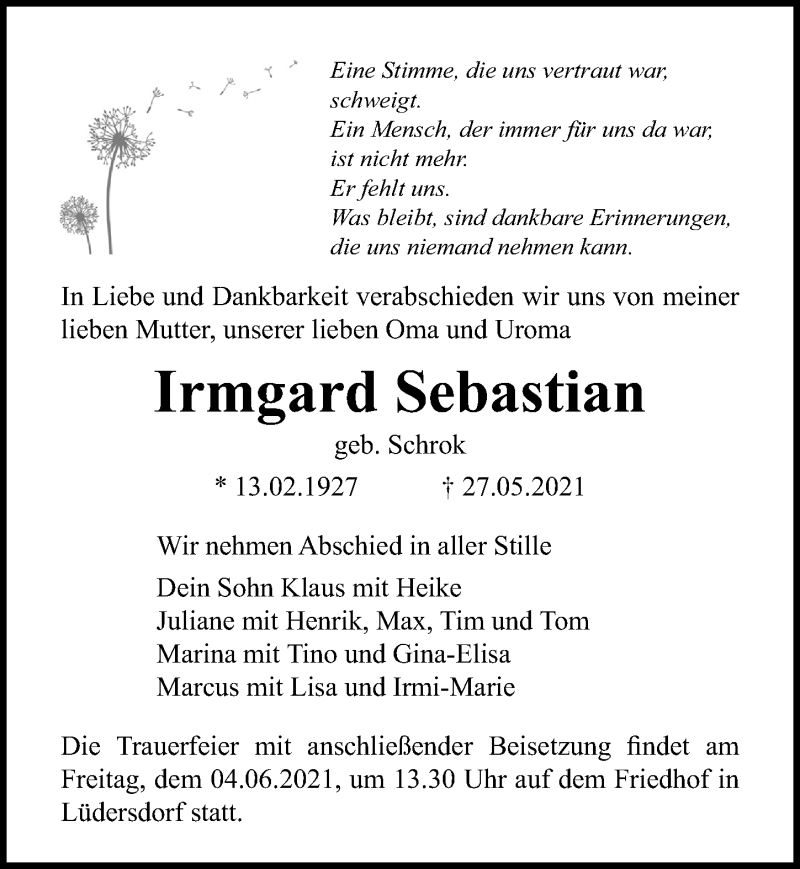  Traueranzeige für Irmgard Sebastian vom 29.05.2021 aus Märkischen Allgemeine Zeitung