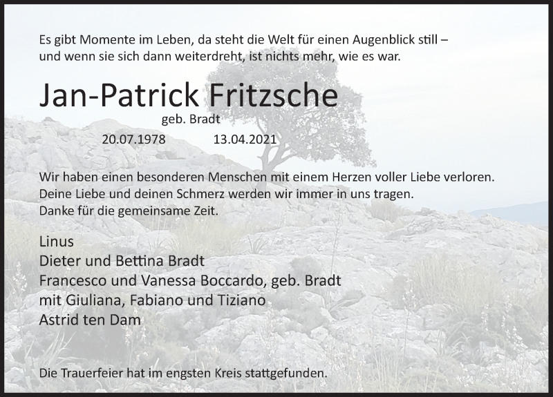  Traueranzeige für Jan-Patrick Fritzsche vom 15.05.2021 aus Schaumburger Nachrichten