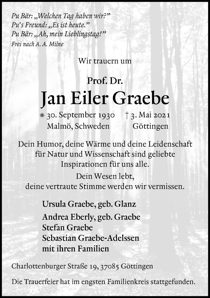  Traueranzeige für Jan Eiler Graebe vom 15.05.2021 aus Göttinger Tageblatt