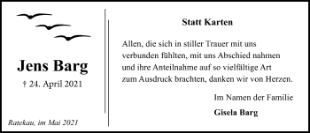 Traueranzeige von Jens Barg von Lübecker Nachrichten