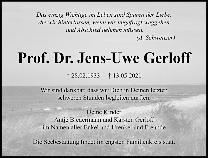  Traueranzeige für Jens-Uwe Gerloff vom 22.05.2021 aus Ostsee-Zeitung GmbH