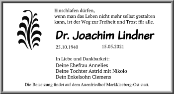 Traueranzeige von Joachim Lindner von Leipziger Volkszeitung