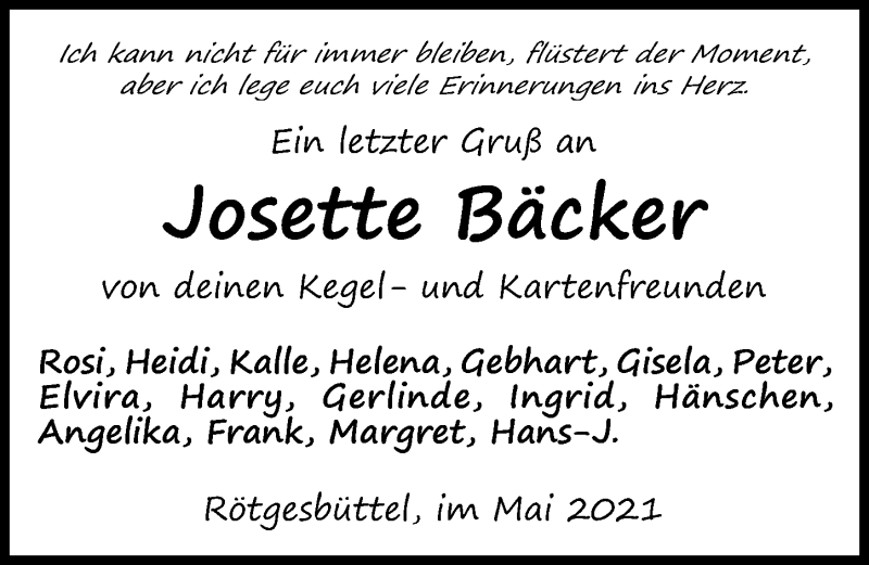  Traueranzeige für Josette Bäcker vom 29.05.2021 aus Aller Zeitung