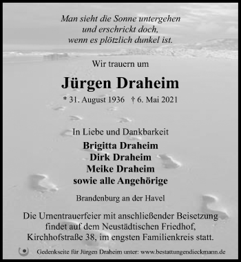 Traueranzeige von Jürgen Draheim von Märkischen Allgemeine Zeitung