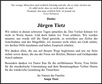 Traueranzeige von Jürgen Tietz von Ostsee-Zeitung GmbH