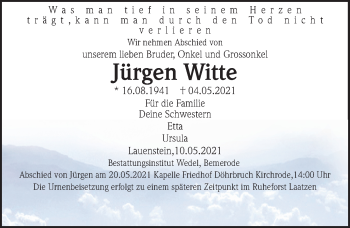 Traueranzeige von Jürgen Witte von Hannoversche Allgemeine Zeitung/Neue Presse