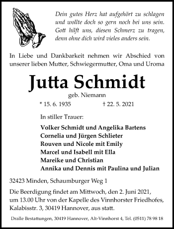Traueranzeige von Jutta Schmidt von Hannoversche Allgemeine Zeitung/Neue Presse