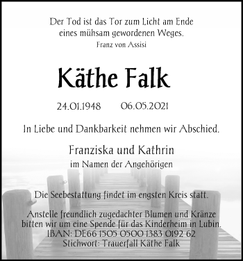 Traueranzeige von Käthe Falk von Ostsee-Zeitung GmbH
