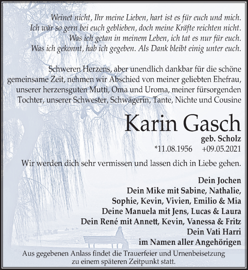  Traueranzeige für Karin Gasch vom 15.05.2021 aus Leipziger Volkszeitung