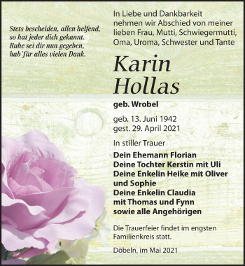 Traueranzeige von Karin Hollas von Leipziger Volkszeitung