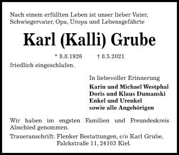 Traueranzeige von Karl Grube von Kieler Nachrichten